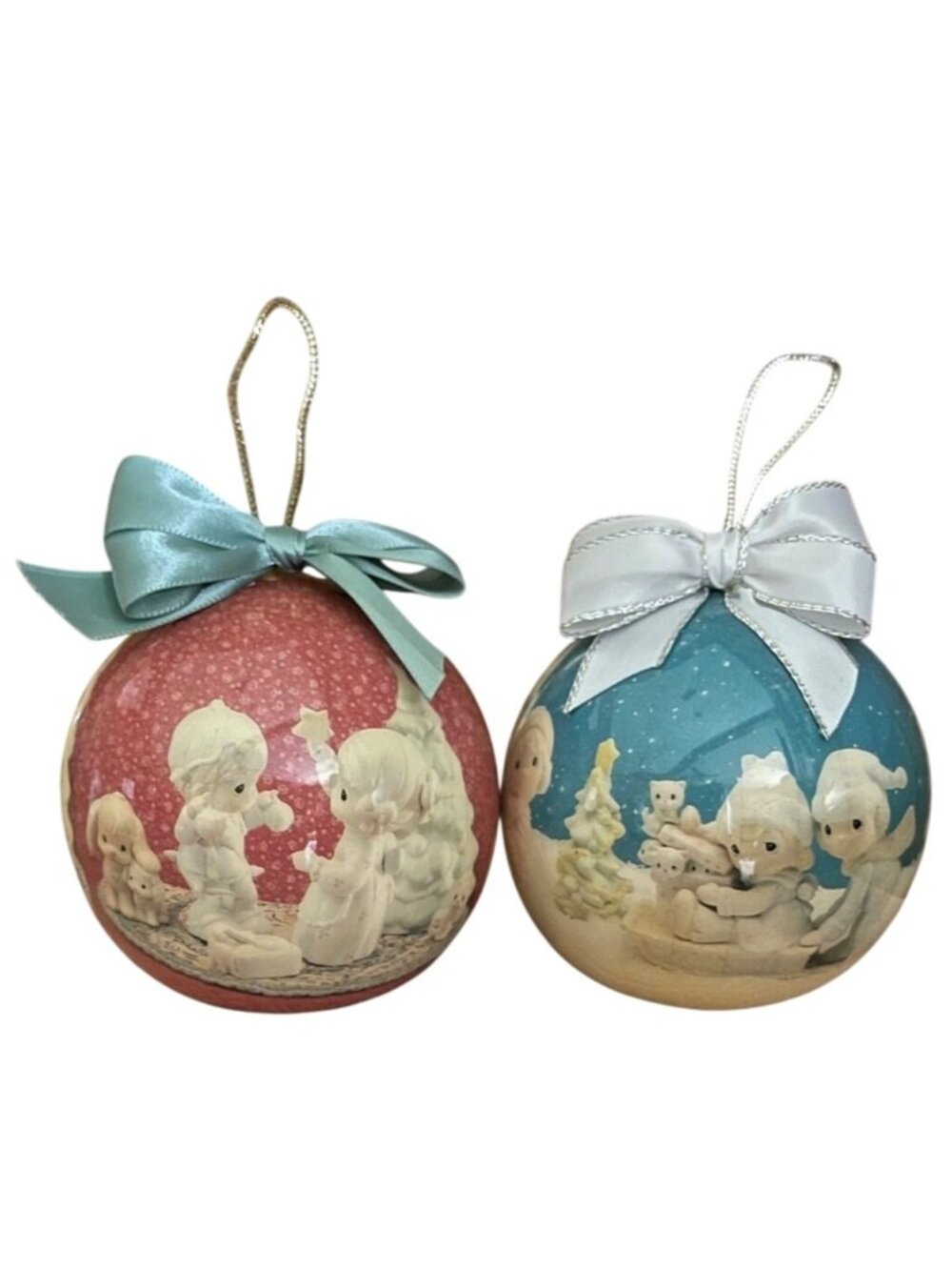 Vintage Enesco Precious Moments 1994 Decoupage Christmas Ornaments Set of 2